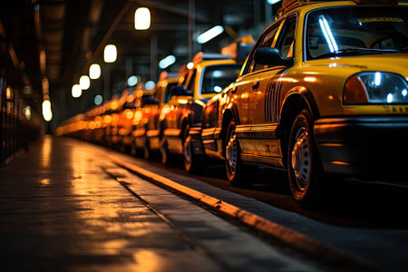 A line of taxis patiently awaiting customersの素材