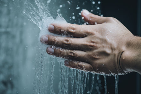 A man's hand is testing the temperature of the shower water, focusing on his hand under the flowingの素材
