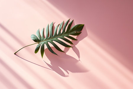 A large leaf from a tropical plant stands alone on a soft pink backdrop, with sunlight casting graceの素材