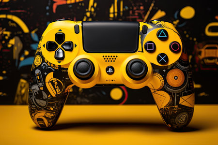 A gaming-themed design featuring a black game controller placed on a vibrant yellow backdrop.の素材