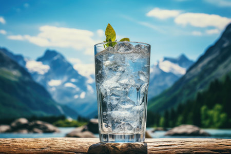 A refreshing drink consisting of water and ice against a picturesque backdrop of nature.の素材