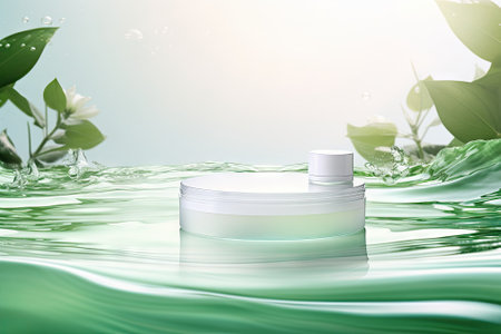 A product presentation background with a flat lay cosmetic mockup featuring an empty, white circularの素材
