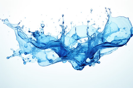 A solo water splash in a vibrant blue hue, set against a plain white background.の素材