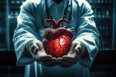 A physician holding a human heart within their hands within a medical facility.の素材