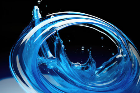 A splash of blue-colored water droplet takes form. A circular water droplet positioned inside a glasの素材