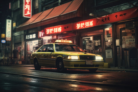 A taxi rooftop displaying a sign during the nighttime.の素材