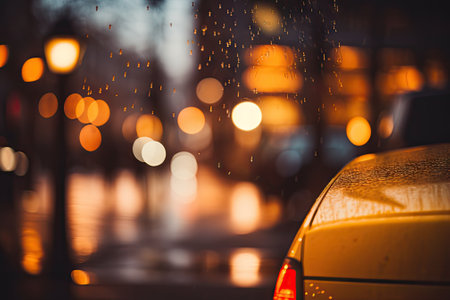 A shot taken up close of a taxi sign illuminated in the night, with blurred lights creating a bokehの素材