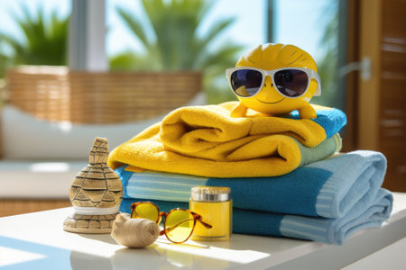 A stylish arrangement capturing a summer travel scene. Fashionable shades, a vibrant yellow bottle oの素材