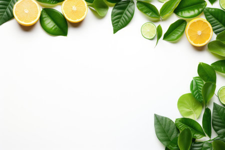A top-down view of white background adorned with vibrant green citrus leaves. There is ample space aの素材