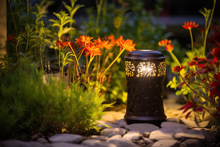 A stylish and compact solar-powered garden light in the form of a decorative lantern, placed in a flの素材