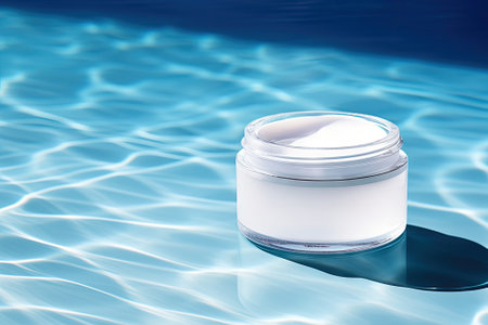 A white cosmetic jar floating on the surface of the water, evoking a refreshing image of summertimeの素材