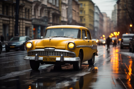 A yellow cab driving on the streets of Moscow, Russia.の素材