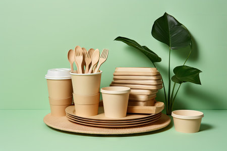 Eco-friendly disposable tableware depicted on a green background.の素材