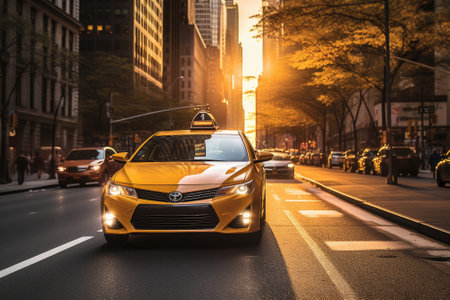 A yellow taxi driving through the sunset in Manhattan, New York City, USA.の素材