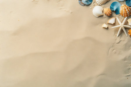 Flat lay design showcasing beach accessories with text space on sandy surface. Perfect for designingの素材