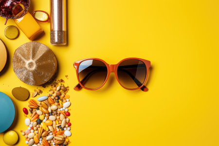 On a yellow background, there is a flat lay of various summer accessories and cosmetics that promoteの素材
