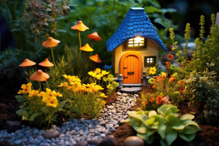 Gorgeous Tiny Garden Featuring a Brilliant Yellow Lamp Nestled in the Flower Bed. Garden Layout withの素材