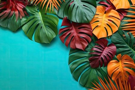 Flat lay of tropical leaves placed on a colorful background.の素材