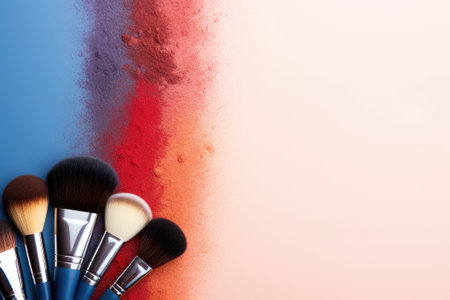 Minimalistic style flat lay featuring a red and blue background adorned with a collection of beautyの素材