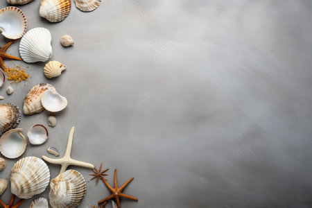 Sea shells arranged on a gray surface. Representing the essence of summer. Displayed from a bird's eの素材