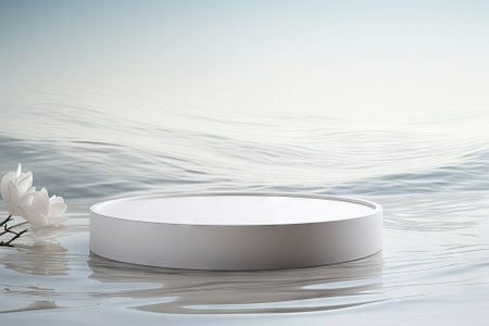The scene depicts a podium in the form of a white circle placed on a transparent surface of calm watの素材