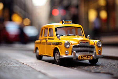 Selective focus is used to highlight a taxi car in London.の素材