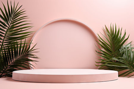 Top view of a pastel pink background adorned with palm leaves, surrounding trendy and artistic plastの素材