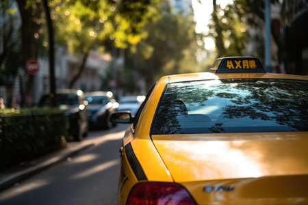 During daylight hours, a taxi vehicle can be identified by its sign displayed on top of the cab whilの素材