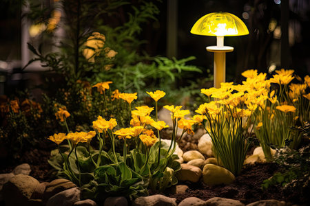 Incredible little garden featuring a beautiful yellow light and a lamp situated within the flower beの素材
