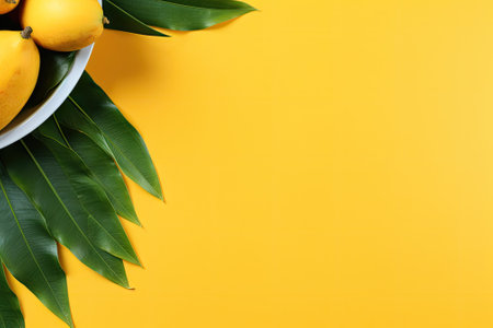 The background is yellow while the leaves of the Monstera plant are displayed along with a mango plaの素材