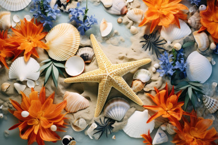 Summer vibes are represented by elements such as tropical palm leaves, seashells, and starfish in aの素材
