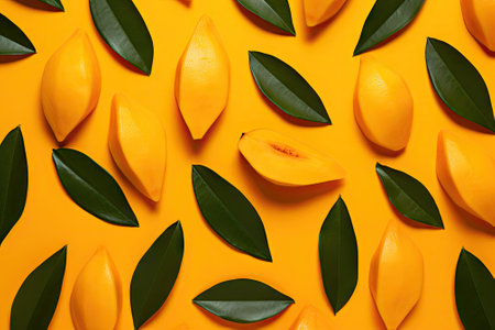 The orange background features a continuous pattern of freshly sliced Mango arranged beautifully. Thの素材