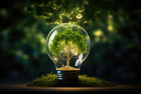 The image portrays the concept of environment, eco technology, and energy with a green field containの素材
