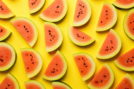 Top view of a vibrant yellow background adorned with a stunning arrangement of fresh watermelon slicの素材