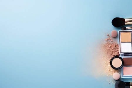 This is a flat lay frame composition of various professional decorative cosmetics, makeup tools, andの素材