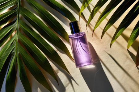 Top down view of a palm leaf shadow background illuminated by sunlight, showcasing a bottle of purplの素材