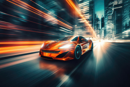 Blurry car speeding in the background, representing transportation and the digital era.の素材