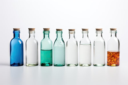 Assortment of different bottles filled with cold water and droplets, presented separately against aの素材