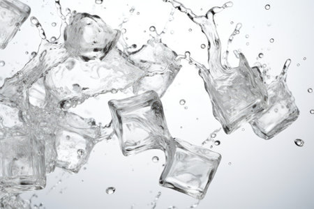 Close-up shot of ice cubes causing a splash of water, set against a white background.の素材