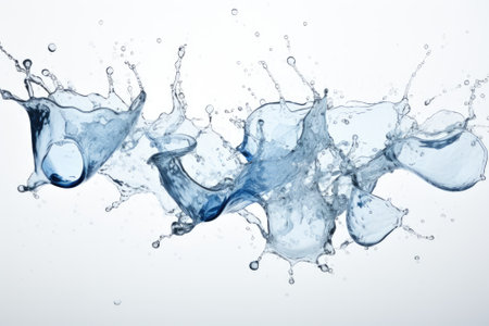 Large-sized water splashes scatter all over a white background.の素材