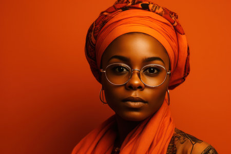 portrait of black woman with eyeglasses wearing african headwrap against orange backgroundの素材