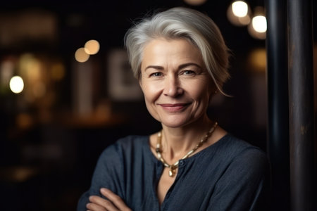 portrait of beautiful older woman standing and smiling with arms crossedの素材