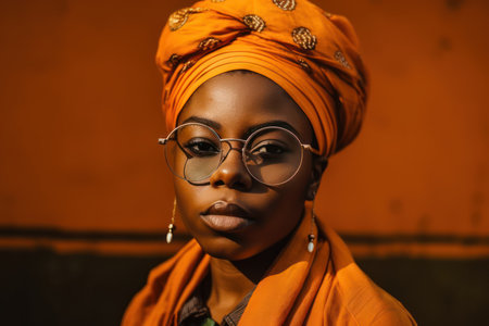 portrait of black woman with eyeglasses wearing african headwrap against orange backgroundの素材