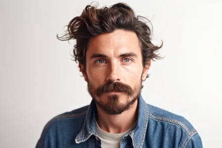 portrait of confident serious male model has black beard and mustache dressed in casual denim shirtの素材