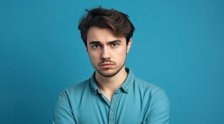 portrait of calm concentrated person crossed arms posing isolated on blue color backgroundの素材