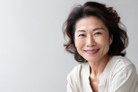 portrait of beautiful healthy smiling middle aged asian woman cross arms on chest looking confidentの素材