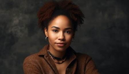 portrait of beautiful positive african american woman standing with arms crossedの素材