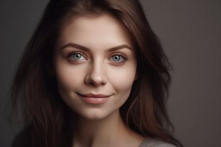 portrait of beautiful smiling 30 years woman isolated on grey backgroundの素材