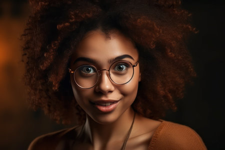 portrait of charismatic and charming young african woman with curly hair wearing sylish spectaclesの素材