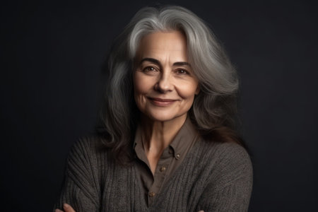 portrait of beautiful older woman standing and smiling with arms crossedの素材